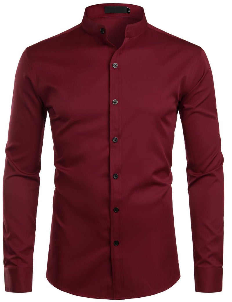 ZEROYAA Mens Hipster Solid Slim Fit Long Sleeve Mandarin Collar Dress Shirts ZLCL08 Burgundy Small - Image 1